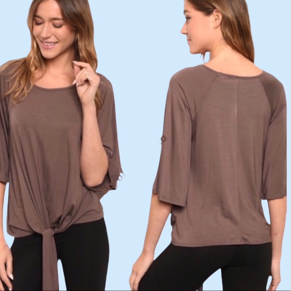 Brown Scoop Neck With Tie Waist Top - Picture 2 of 9